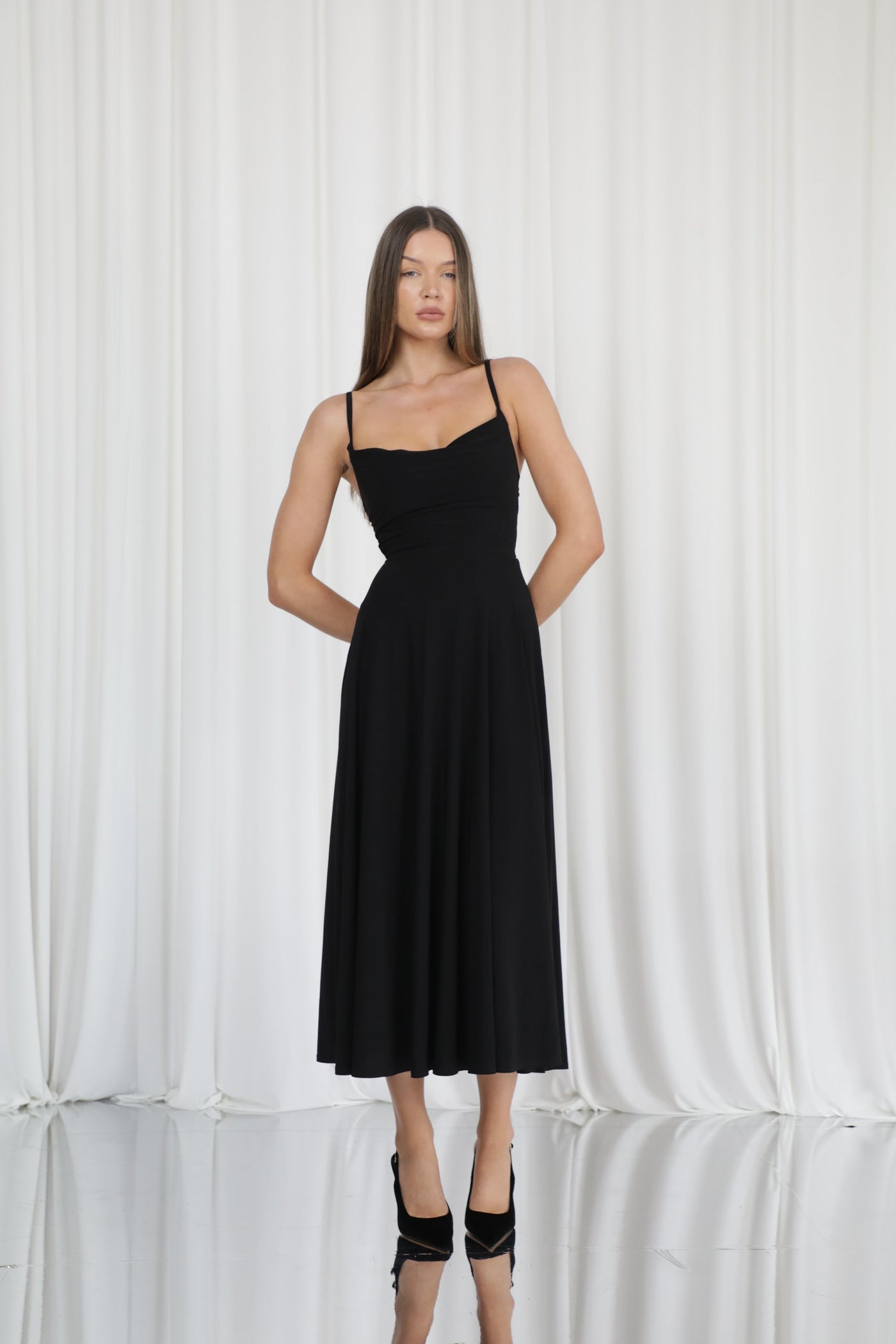 Lulah Soft Cowl Neck Maxi Dress dusty blue with draped neckline, double layered, fully lined for coverage