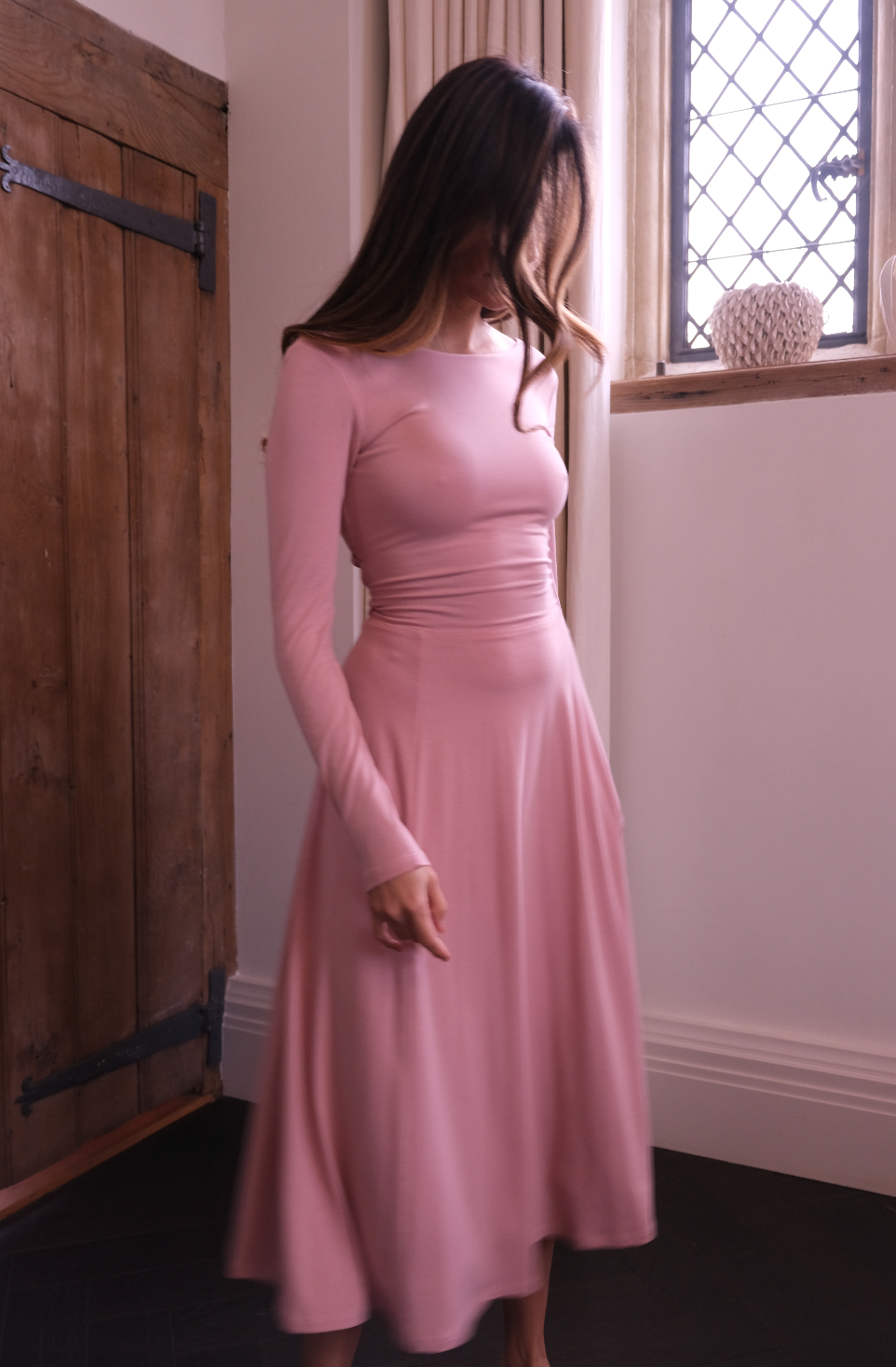 Blush midi shop dress with sleeves
