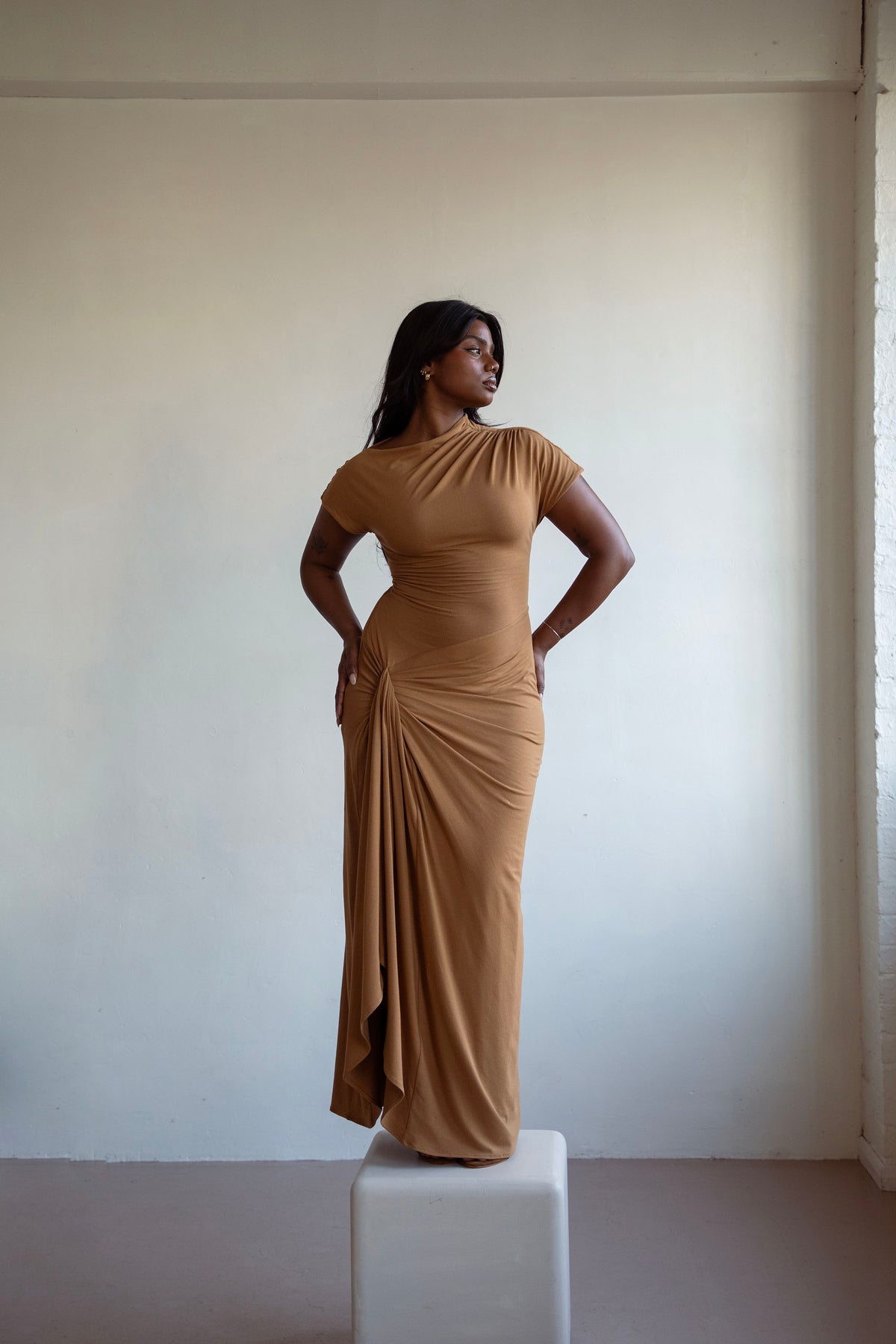 venus ladies dresses Draped Maxi Dress STRETCH SATIN FABRIC