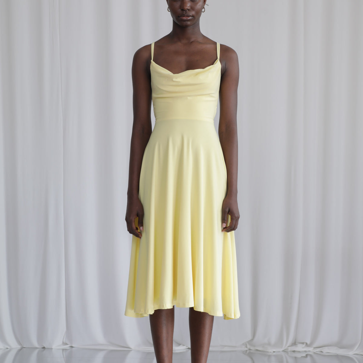 pastel yellow midi dress Garden Dress, in Pale Luxe Satin, Size: 2XL | Show Me Your Mumu Perfect For Lulah Soft Cowl Neck Midi