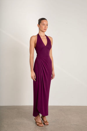 Side view of Divine Dress halterneck plum maxi dress featuring liquiddrape fabric