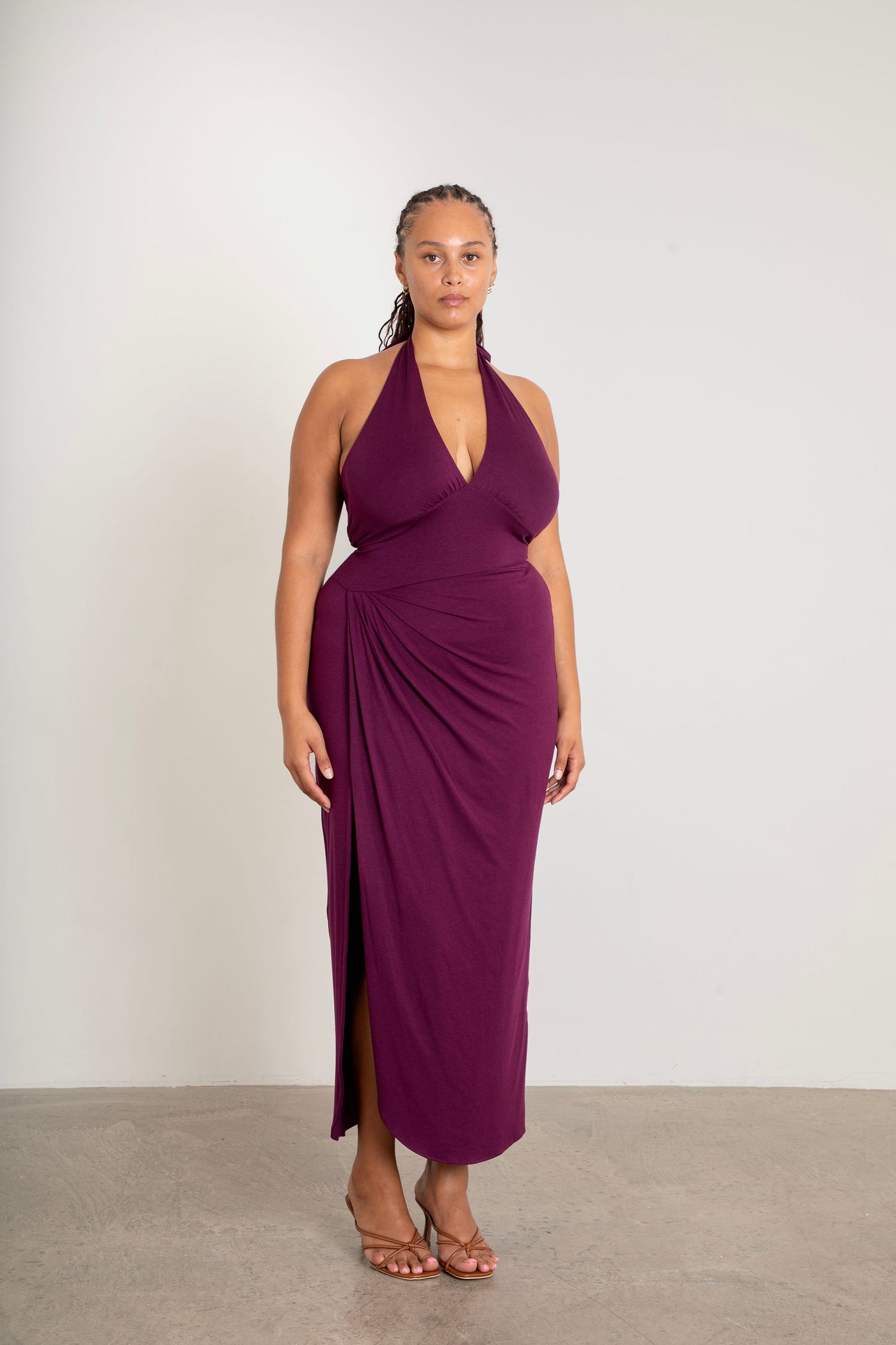 Plum Divine Dress halterneck maxi dress styled with smoothhold fabric on model