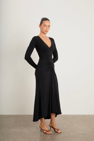 Honey Dress elegant black midi dress with plunge neckline, fitted corset waist, fishtail hem