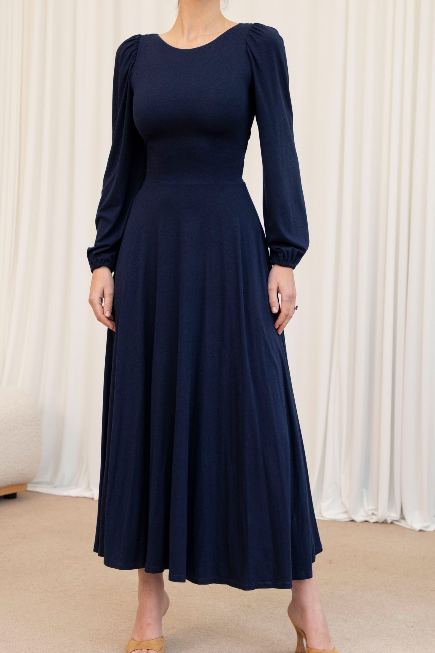 James Reversible Neckline Day Dress midaxi length with long sleeves in navy blue bamboo