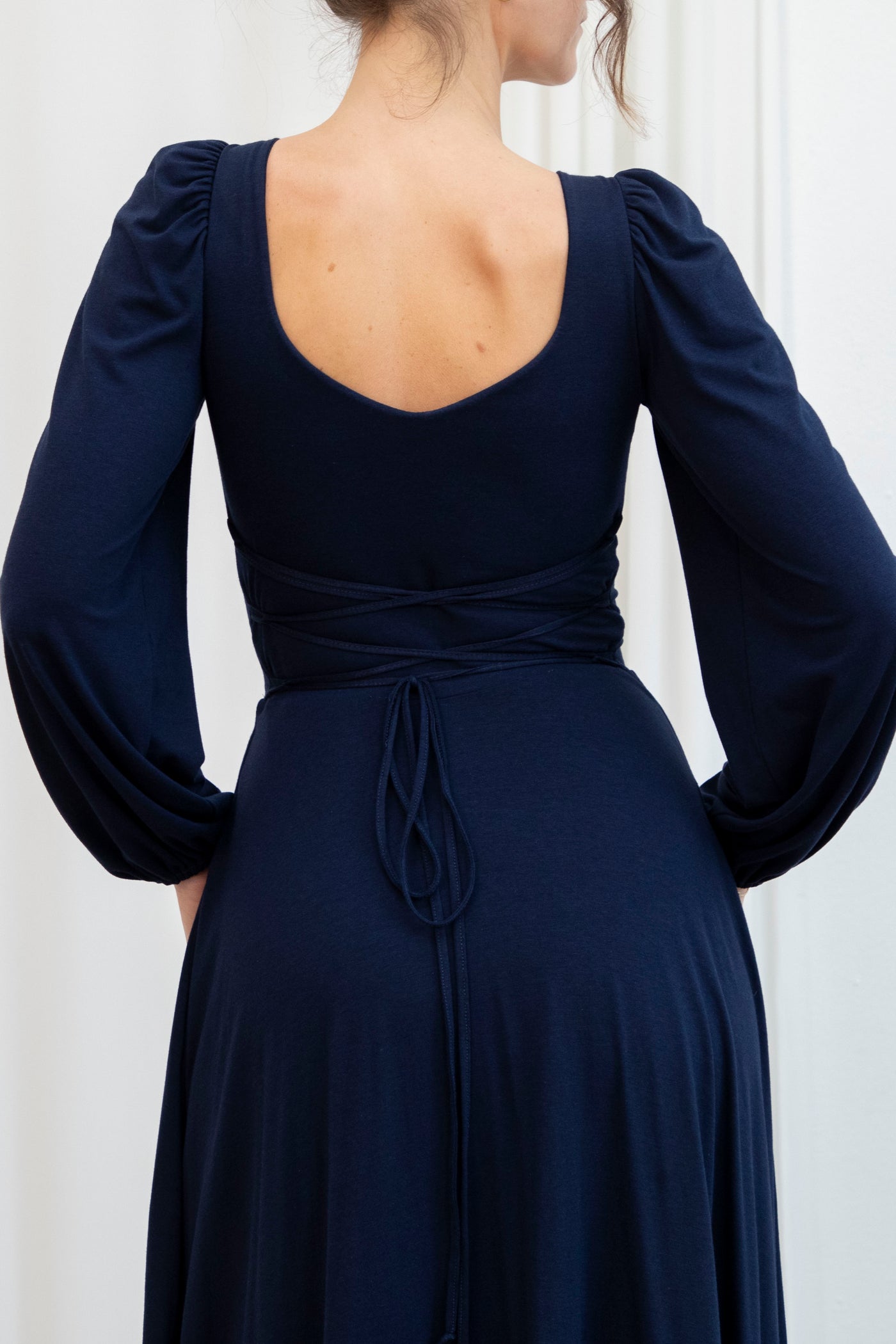 James Midaxi Dress side view showing smooth fabric drape in navy blue bamboo material