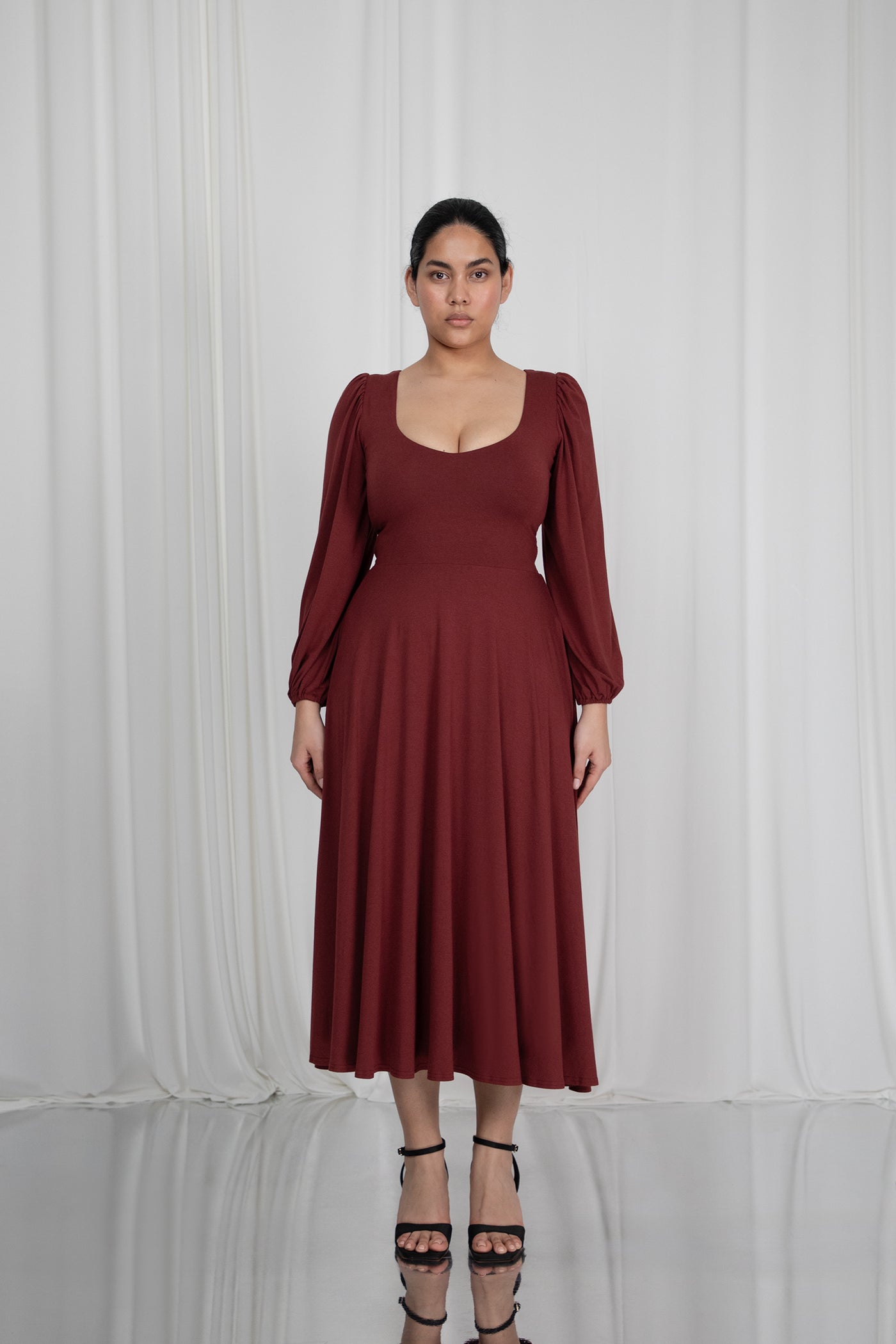 James Reversible Neckline Midaxi Dress in earth red color with long sleeves and pockets