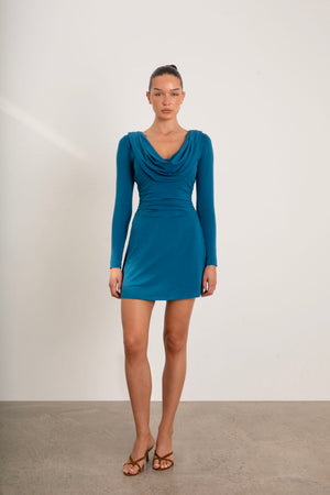 Mabel Reversible Mini Dress featuring cowl neck and boat neck in deep teal blue by AYM Studio