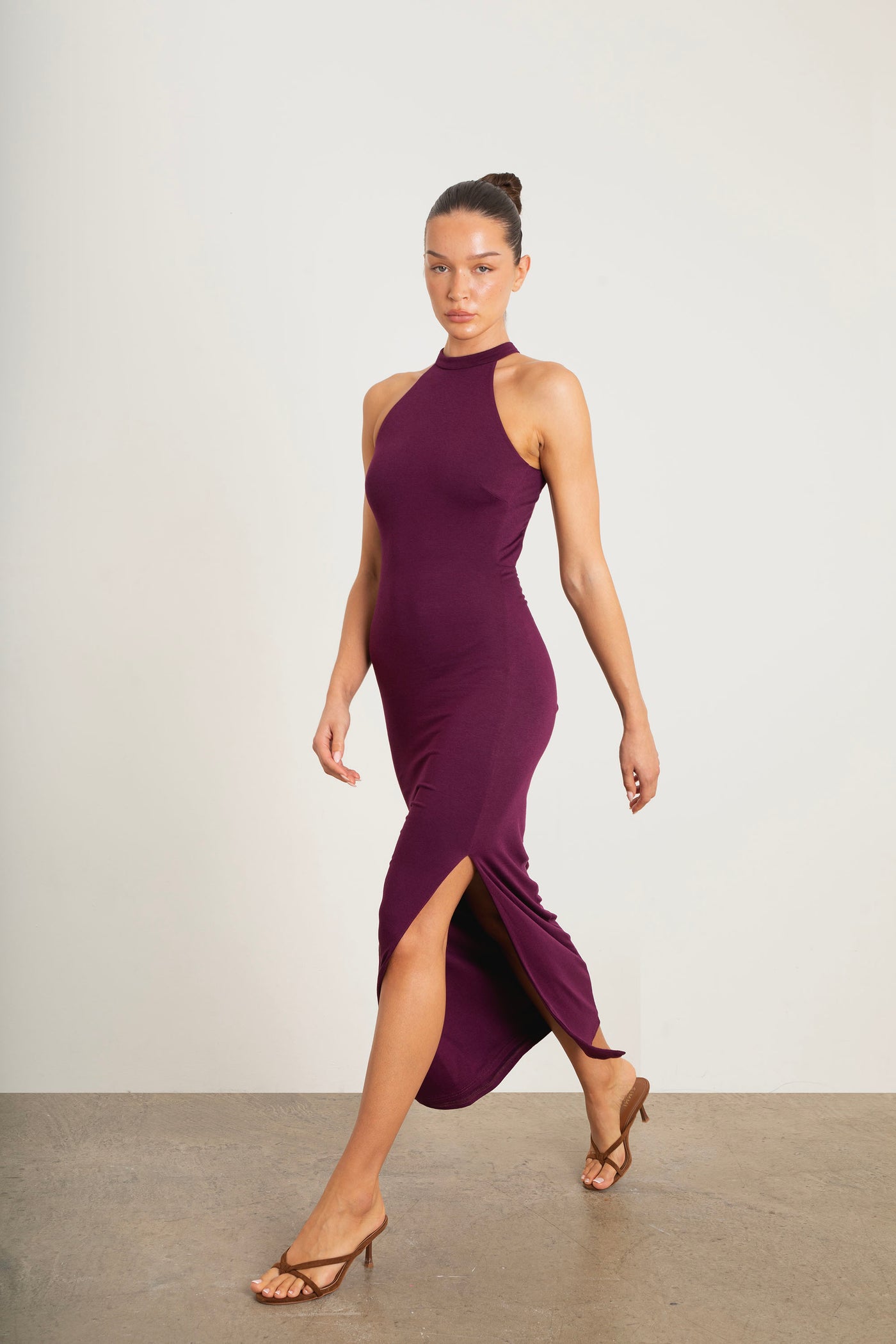 Monika Backless Midaxi Dress plum showing backless design and halterneck straps