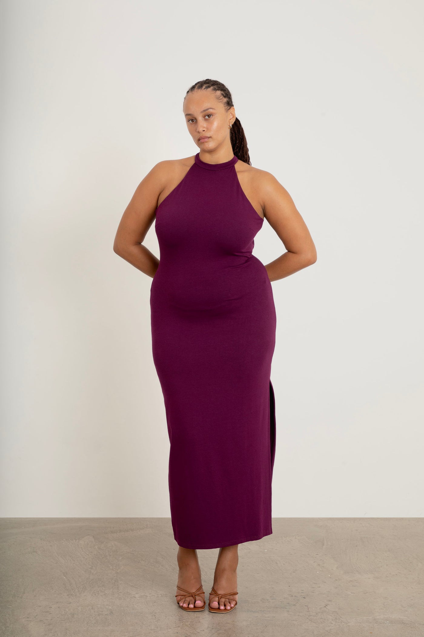 Monika Backless Midaxi Dress plum front view displaying neckline and silhouette