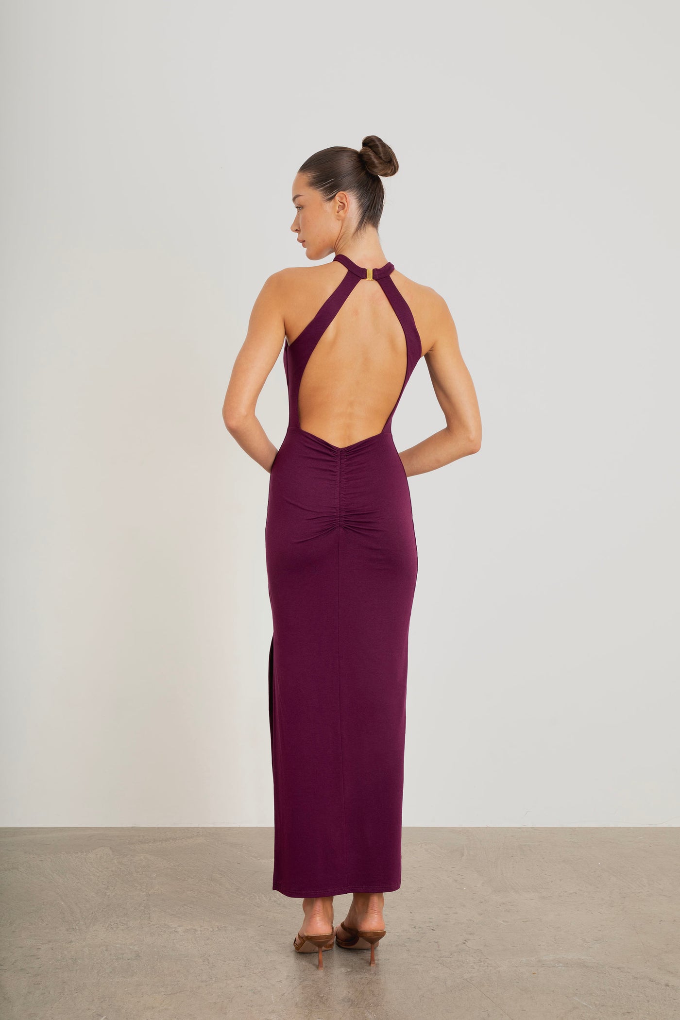 Monika Backless Midaxi Dress plum side view highlighting fabric drape and flow