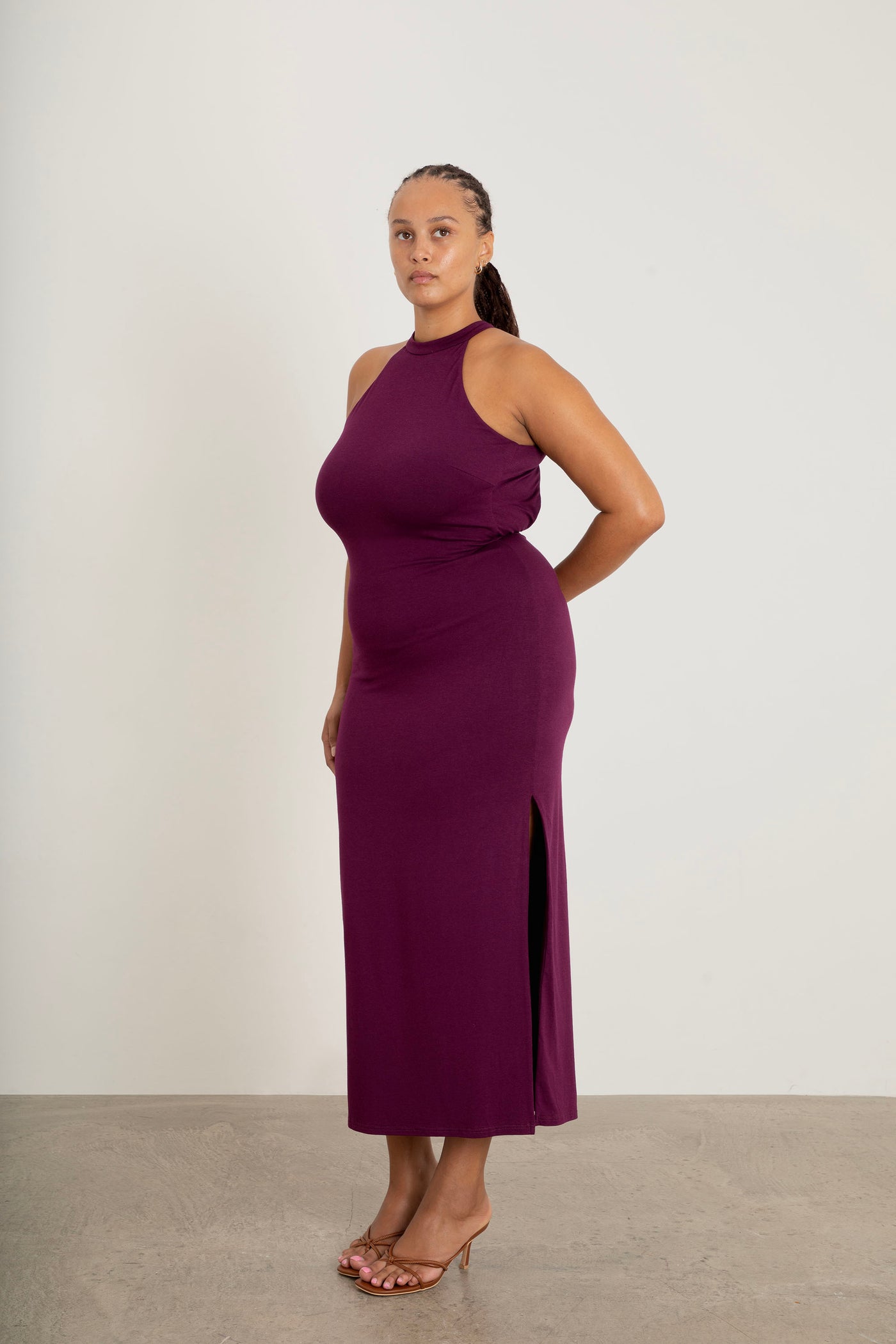 Monika Backless Midaxi Dress plum close-up of halterneck and backless style details