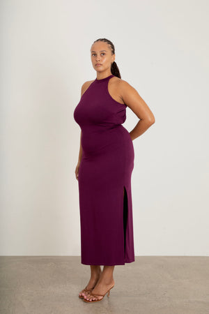 Monika Backless Midaxi Dress plum close-up of halterneck and backless style details