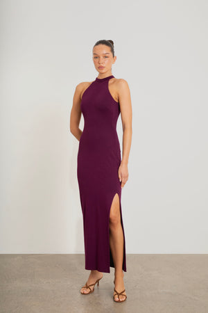 Monika Backless Midaxi Dress plum halterneck detail showing draped fabric and silhouette