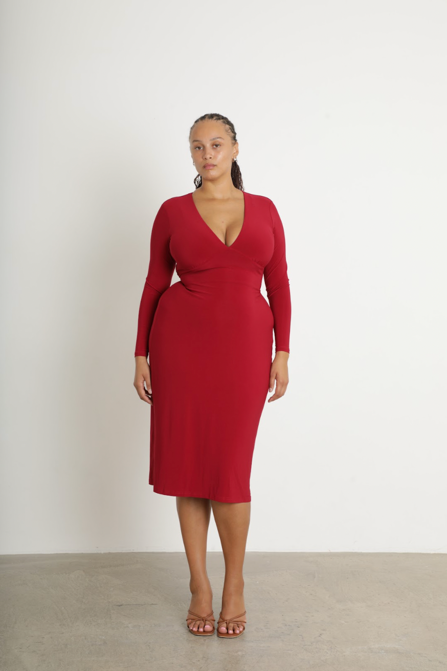 Taylor Tea Dress black midi dress front view with long sleeves, double layered fabric