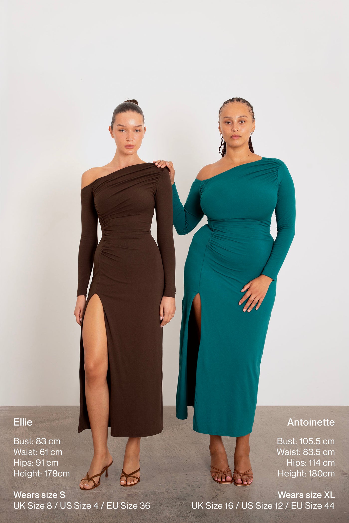 Selene One Shoulder Asymmetric Midaxi Dress with split and sizing info on bamboo fabric