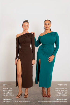 Selene One Shoulder Asymmetric Midaxi Dress with split and sizing info on bamboo fabric