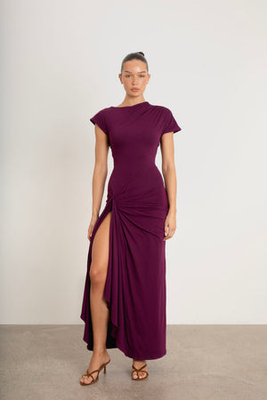 Venus Draped Maxi Dress plum purple bamboo fabric double layered with ruched knot front and asymmetric slit skirt