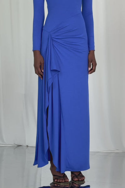 venus maxi dresses Halter Gathering Dress Ruffle detail Venus Long Sleeve Maxi Dress
