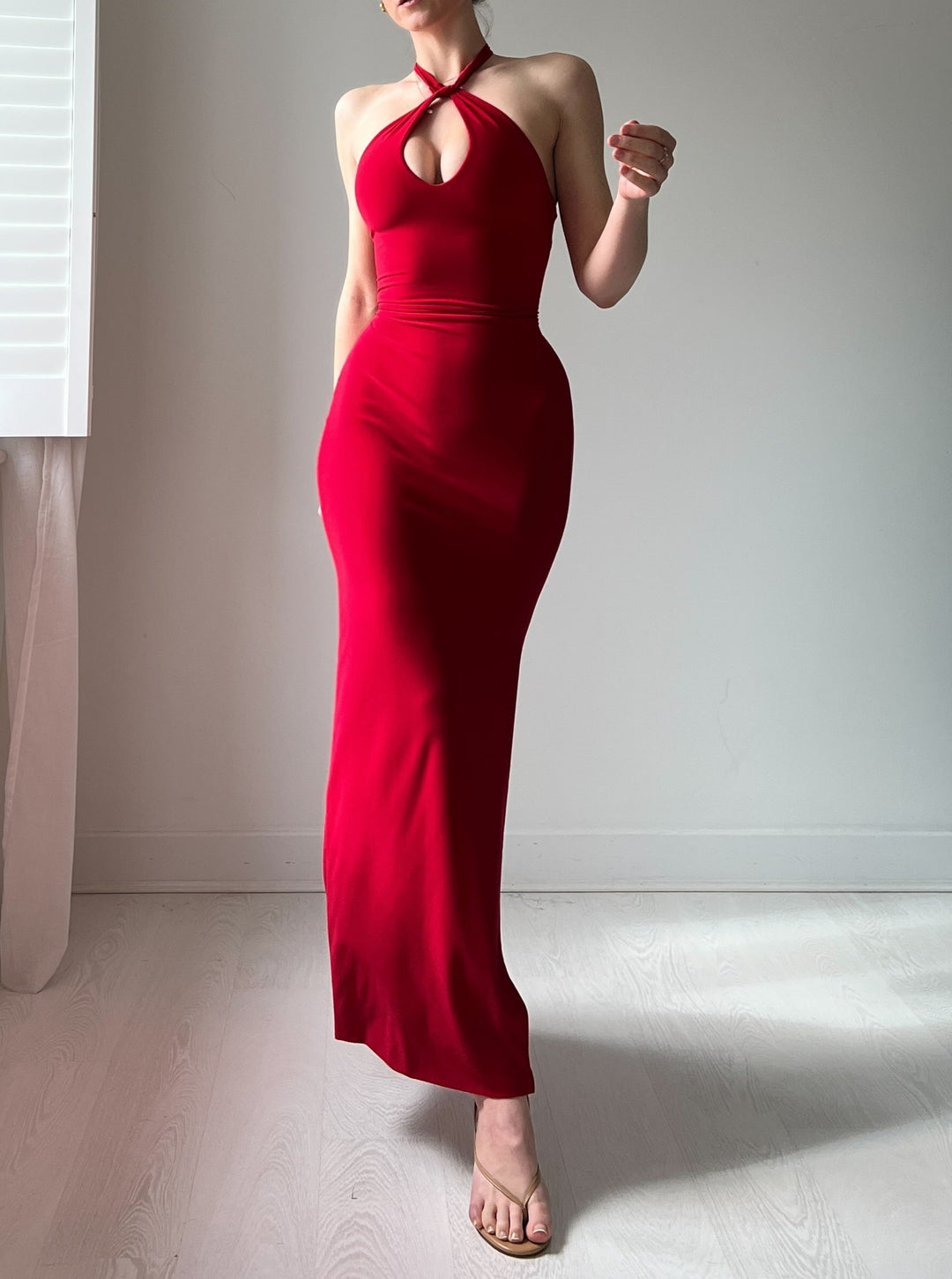 Mary Halter Hollow Out Drawstring Long Dress